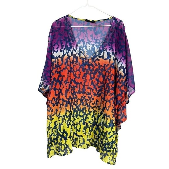 Lane Bryant Top Women 3x Purple Animal Print Tropical Color Block Summer Beach - Picture 1 of 11